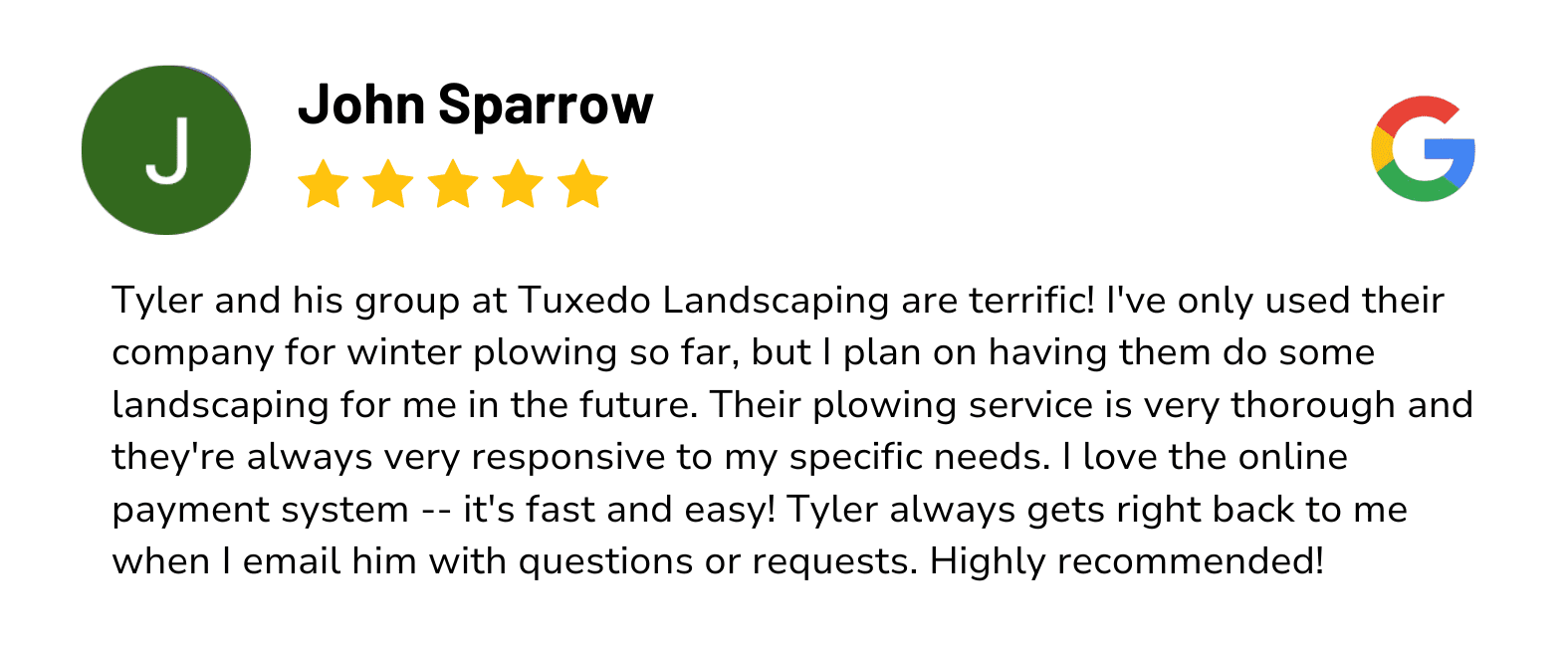 Tuxedo Landscaping Google Review